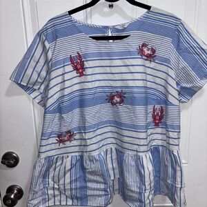 Crown & Ivy Striped Blue and White Top with Crab Design